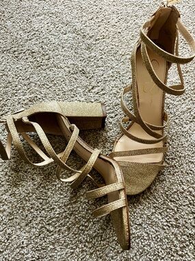 Jessica Simpson Glitter Gold Strappy Block Heel Sandals